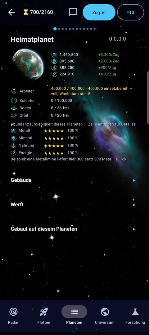 Planetenseite mit Abundanz-Sternen und Bauschlange