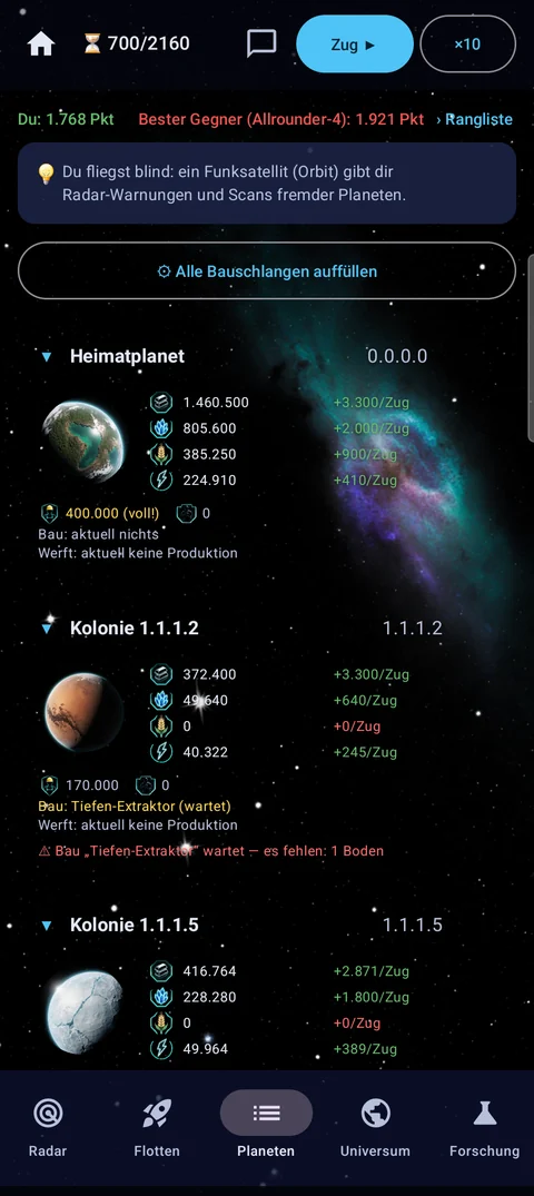 Planetenliste mit Lagerstand und Zuwachs je Zug